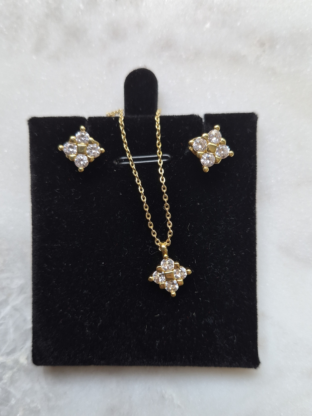 Square Cubic Zirconia Necklace & Earrings Gold Plated